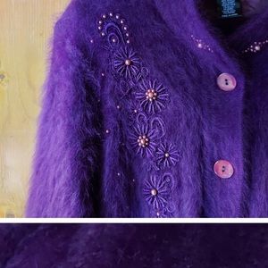 Lee Sands Vintage Purple Angora Blend Floral Applique & Beaded Cardigan